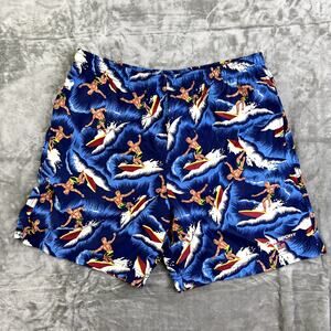Polo Sport Ralph Lauren Swim Trunks Mens Size L Blue Allover Wave + Surfer Print